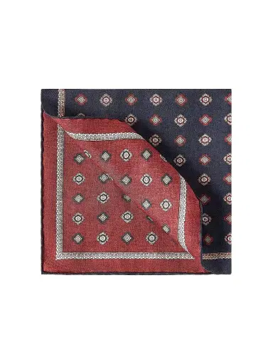 Brunello Cucinelli Men's Silk Pocket Square with Medallion Design - Navy Blue | Thumbnail 1 Brunello Cucinelli Men's Silk Pocket Square with Medallion Design - Navy Blue | Thumbnail 1