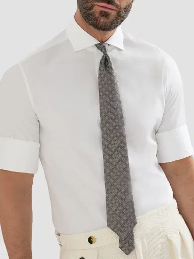 Brunello Cucinelli Men's Silk Tie with Geometric Floral Pattern - Grey | Thumbnail 2 Brunello Cucinelli Men's Silk Tie with Geometric Floral Pattern - Grey | Thumbnail 2