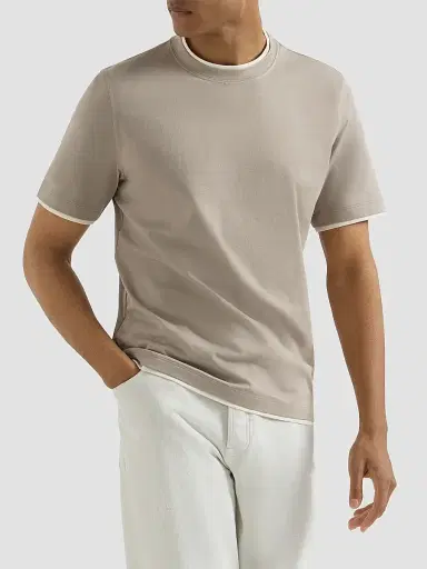 Brunello Cucinelli Men's Cotton Jersey Crewneck T-Shirt with Faux Layering - Light Brown | Thumbnail 2 Brunello Cucinelli Men's Cotton Jersey Crewneck T-Shirt with Faux Layering - Light Brown | Thumbnail 2