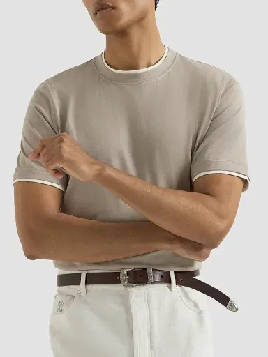 Brunello Cucinelli Men's Cotton Jersey Crewneck T-Shirt with Faux Layering - Light Brown | Thumbnail 4 Brunello Cucinelli Men's Cotton Jersey Crewneck T-Shirt with Faux Layering - Light Brown | Thumbnail 4