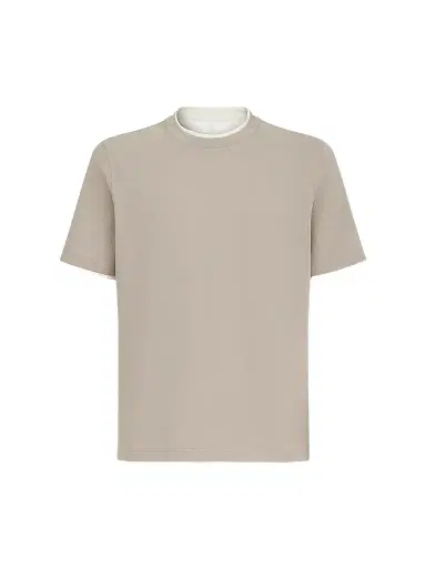 Brunello Cucinelli Men's Cotton Jersey Crewneck T-Shirt with Faux Layering - Light Brown | Thumbnail 1 Brunello Cucinelli Men's Cotton Jersey Crewneck T-Shirt with Faux Layering - Light Brown | Thumbnail 1