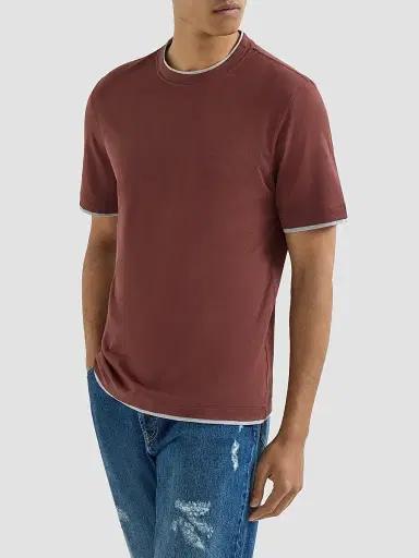 Brunello Cucinelli Men's Cotton Jersey Crewneck T-Shirt with Faux Layering - Red | Thumbnail 2 Brunello Cucinelli Men's Cotton Jersey Crewneck T-Shirt with Faux Layering - Red | Thumbnail 2