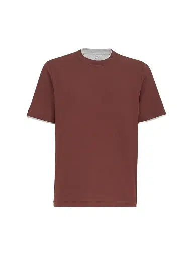 Brunello Cucinelli Men's Cotton Jersey Crewneck T-Shirt with Faux Layering - Red | Thumbnail 1 Brunello Cucinelli Men's Cotton Jersey Crewneck T-Shirt with Faux Layering - Red | Thumbnail 1