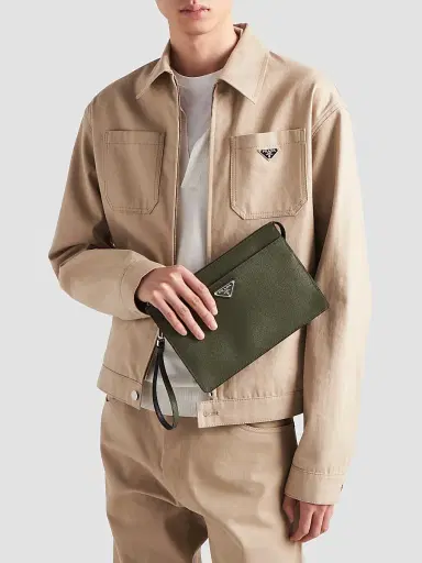 Prada Men's Saffiano Leather Pouch - Green | Thumbnail 2 Prada Men's Saffiano Leather Pouch - Green | Thumbnail 2