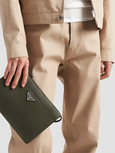 Prada Men's Saffiano Leather Pouch - Green | Thumbnail 3 Prada Men's Saffiano Leather Pouch - Green | Thumbnail 3