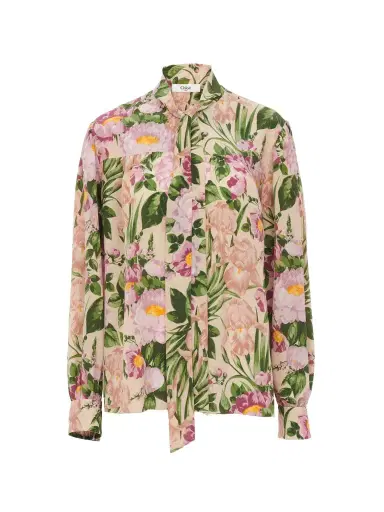Chloé Maxi gathered lavallière blouse in crêpe de chine | Thumbnail 1 Chloé Maxi gathered lavallière blouse in crêpe de chine | Thumbnail 1