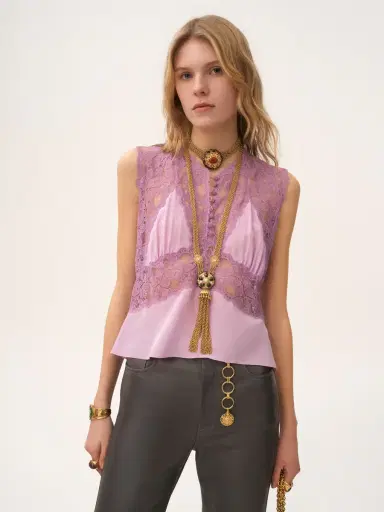 Chloé V-neck top in crêpe de chine & lace | Thumbnail 4 Chloé V-neck top in crêpe de chine & lace | Thumbnail 4