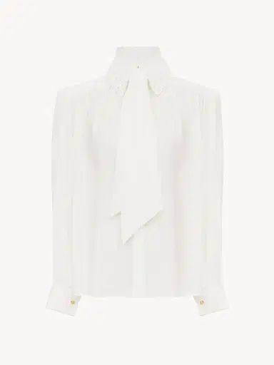 Chloé Gathered scarf-tie blouse in crêpe de chine & lace | Thumbnail 2 Chloé Gathered scarf-tie blouse in crêpe de chine & lace | Thumbnail 2