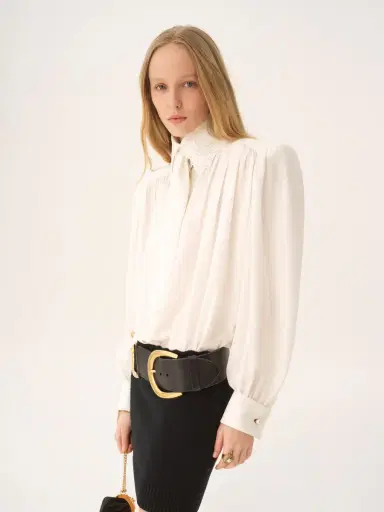 Chloé Gathered scarf-tie blouse in crêpe de chine & lace | Thumbnail 4 Chloé Gathered scarf-tie blouse in crêpe de chine & lace | Thumbnail 4