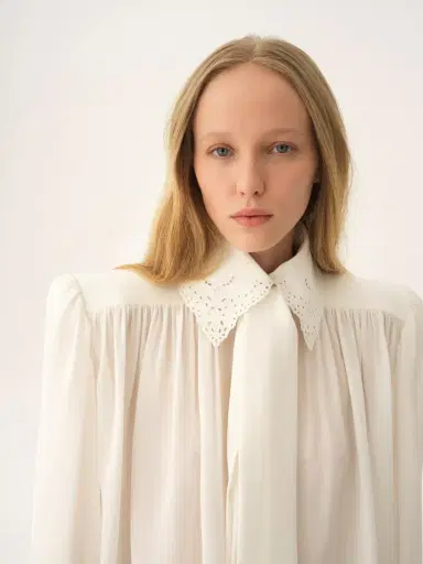 Chloé Gathered scarf-tie blouse in crêpe de chine & lace | Thumbnail 7 Chloé Gathered scarf-tie blouse in crêpe de chine & lace | Thumbnail 7