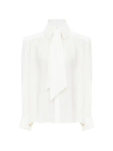 Chloé Gathered scarf-tie blouse in crêpe de chine & lace | Thumbnail 1 Chloé Gathered scarf-tie blouse in crêpe de chine & lace | Thumbnail 1