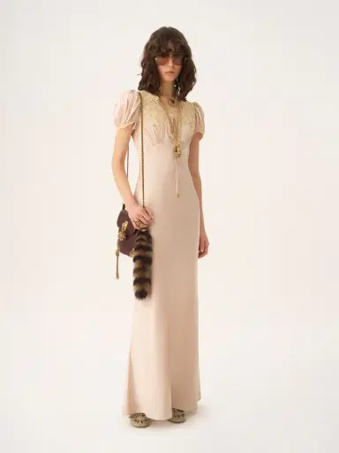 Chloé Puff-sleeve column dress in washed silk satin & lace | Thumbnail 3 Chloé Puff-sleeve column dress in washed silk satin & lace | Thumbnail 3