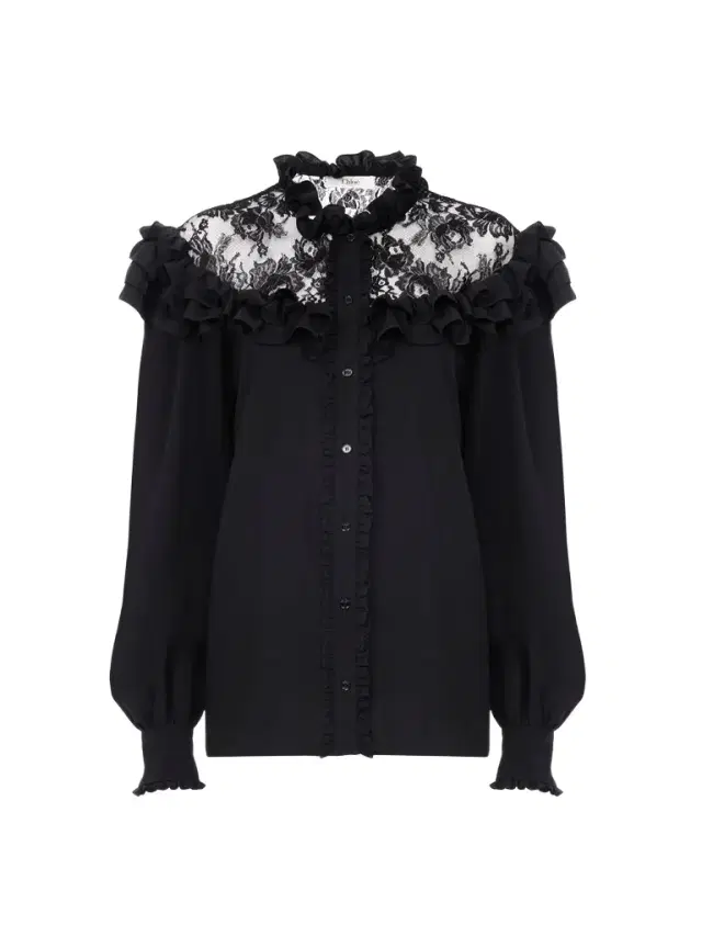 High-neck ruffled blouse in crêpe de chine & lace High-neck ruffled blouse in crêpe de chine & lace