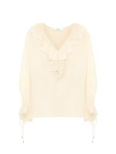 Chloé V-neck ruffle top in crêpe de chine | Thumbnail 1 Chloé V-neck ruffle top in crêpe de chine | Thumbnail 1
