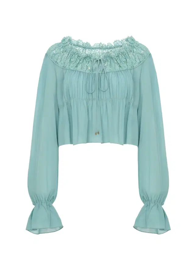 Scoop-neck cropped top in silk georgette & lace Scoop-neck cropped top in silk georgette & lace