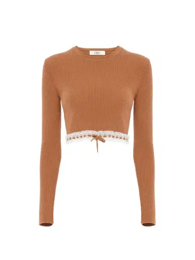 Chloé Cropped fitted sweater in a wool knit & lace | Thumbnail 1 Chloé Cropped fitted sweater in a wool knit & lace | Thumbnail 1