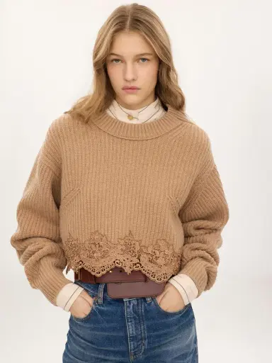 Chloé Cropped mock-neck sweater in a wool and cashmere knit & lace | Thumbnail 4 Chloé Cropped mock-neck sweater in a wool and cashmere knit & lace | Thumbnail 4