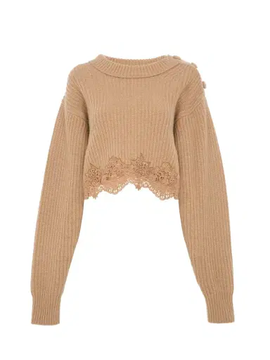Chloé Cropped mock-neck sweater in a wool and cashmere knit & lace | Thumbnail 1 Chloé Cropped mock-neck sweater in a wool and cashmere knit & lace | Thumbnail 1