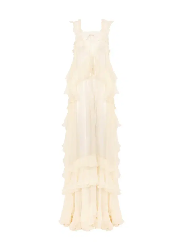 Sleeveless layered long dress in silk mousseline & lace Sleeveless layered long dress in silk mousseline & lace