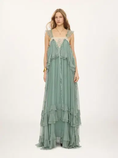 Chloé Sleeveless layered long dress in silk mousseline & lace | Thumbnail 3 Chloé Sleeveless layered long dress in silk mousseline & lace | Thumbnail 3
