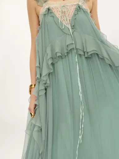 Chloé Sleeveless layered long dress in silk mousseline & lace | Thumbnail 4 Chloé Sleeveless layered long dress in silk mousseline & lace | Thumbnail 4