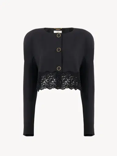 Chloé Collarless cropped jacket in wool grain de poudre & lace | Thumbnail 2 Chloé Collarless cropped jacket in wool grain de poudre & lace | Thumbnail 2