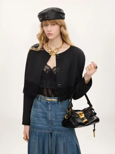 Chloé Collarless cropped jacket in wool grain de poudre & lace | Thumbnail 4 Chloé Collarless cropped jacket in wool grain de poudre & lace | Thumbnail 4