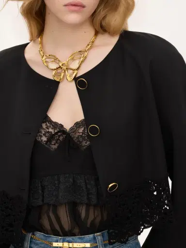 Chloé Collarless cropped jacket in wool grain de poudre & lace | Thumbnail 6 Chloé Collarless cropped jacket in wool grain de poudre & lace | Thumbnail 6