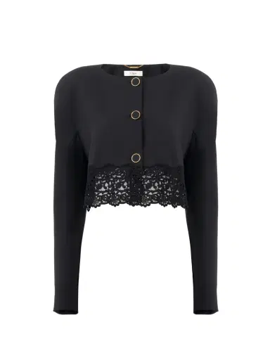 Chloé Collarless cropped jacket in wool grain de poudre & lace | Thumbnail 1 Chloé Collarless cropped jacket in wool grain de poudre & lace | Thumbnail 1