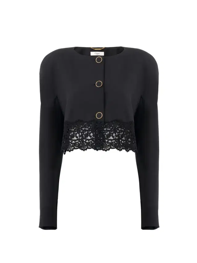 Collarless cropped jacket in wool grain de poudre & lace Collarless cropped jacket in wool grain de poudre & lace
