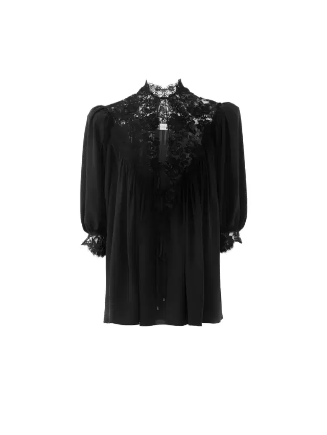 Fluid puff-sleeve top in crêpe de chine & lace Fluid puff-sleeve top in crêpe de chine & lace