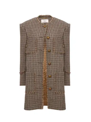 Chloé Single-breasted collarless coat in houndstooth wool | Thumbnail 1 Chloé Single-breasted collarless coat in houndstooth wool | Thumbnail 1