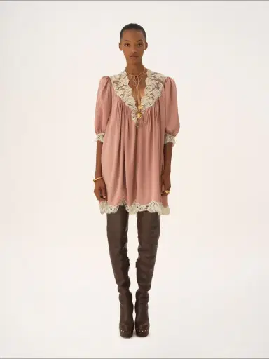 Chloé Gathered V-neck mini dress in washed silk satin & lace | Thumbnail 3 Chloé Gathered V-neck mini dress in washed silk satin & lace | Thumbnail 3