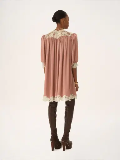 Chloé Gathered V-neck mini dress in washed silk satin & lace | Thumbnail 4 Chloé Gathered V-neck mini dress in washed silk satin & lace | Thumbnail 4