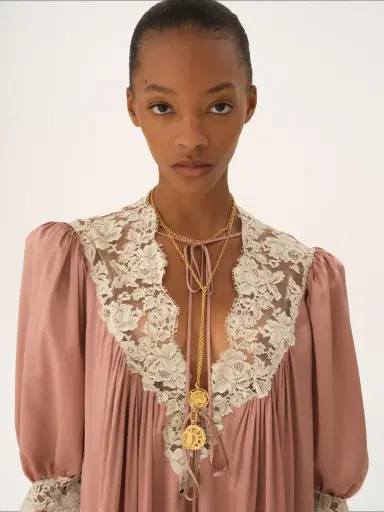 Chloé Gathered V-neck mini dress in washed silk satin & lace | Thumbnail 5 Chloé Gathered V-neck mini dress in washed silk satin & lace | Thumbnail 5