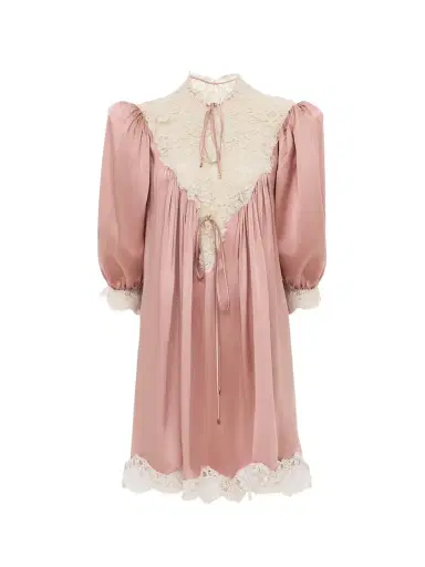 Chloé Gathered V-neck mini dress in washed silk satin & lace | Thumbnail 1 Chloé Gathered V-neck mini dress in washed silk satin & lace | Thumbnail 1