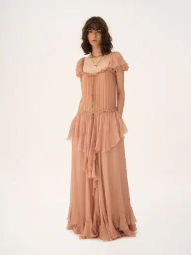 Chloé Gathered long ruffled dress in silk mousseline | Thumbnail 3 Chloé Gathered long ruffled dress in silk mousseline | Thumbnail 3