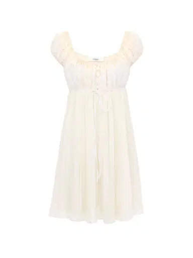 Chloé Short-sleeve mini dress in silk mousseline & lace | Thumbnail 1 Chloé Short-sleeve mini dress in silk mousseline & lace | Thumbnail 1