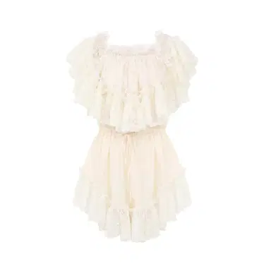 Chloé Off-the-shoulder mini jumpsuit in washed silk satin & lace | Thumbnail 1 Chloé Off-the-shoulder mini jumpsuit in washed silk satin & lace | Thumbnail 1