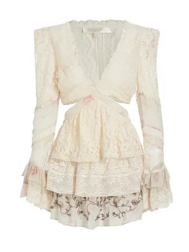 LoveShackFancy Women's Karine Cut-Out Lace Minidress - Magnolia Tea | Thumbnail 1 LoveShackFancy Women's Karine Cut-Out Lace Minidress - Magnolia Tea | Thumbnail 1