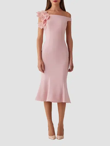 Teri Jon by Rickie Freeman Women's Off-The-Shoulder Trumpet-Hem Crepe Midi Dress - Rose Pink | Thumbnail 2 Teri Jon by Rickie Freeman Women's Off-The-Shoulder Trumpet-Hem Crepe Midi Dress - Rose Pink | Thumbnail 2