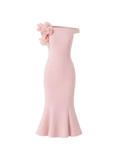 Teri Jon by Rickie Freeman Women's Off-The-Shoulder Trumpet-Hem Crepe Midi Dress - Rose Pink | Thumbnail 1 Teri Jon by Rickie Freeman Women's Off-The-Shoulder Trumpet-Hem Crepe Midi Dress - Rose Pink | Thumbnail 1