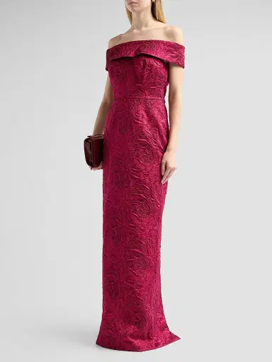 Teri Jon by Rickie Freeman Women's Jacquard Off-The-Shoulder Gown - Lipstick | Thumbnail 3 Teri Jon by Rickie Freeman Women's Jacquard Off-The-Shoulder Gown - Lipstick | Thumbnail 3