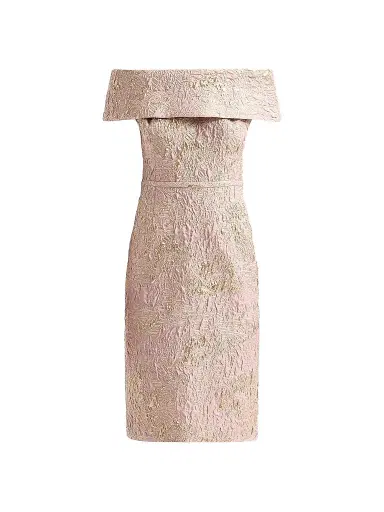 Teri Jon by Rickie Freeman Women's Metallic Jacquard Off-The-Shoulder Mini Dress - Blush Gold | Thumbnail 1 Teri Jon by Rickie Freeman Women's Metallic Jacquard Off-The-Shoulder Mini Dress - Blush Gold | Thumbnail 1