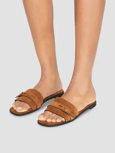 Tory Burch Women's Romy Suede Flat Sandals - Caramel | Thumbnail 2 Tory Burch Women's Romy Suede Flat Sandals - Caramel | Thumbnail 2