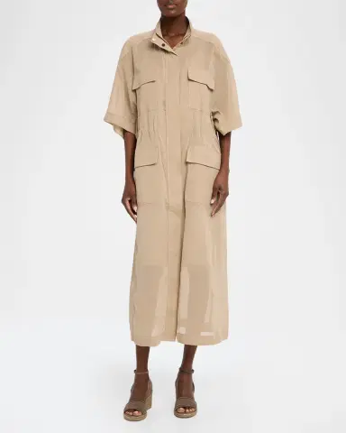 Brunello Cucinelli Short-Sleeve Cotton Utility Midi Dress | Thumbnail 2 Brunello Cucinelli Short-Sleeve Cotton Utility Midi Dress | Thumbnail 2