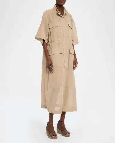 Brunello Cucinelli Short-Sleeve Cotton Utility Midi Dress | Thumbnail 4 Brunello Cucinelli Short-Sleeve Cotton Utility Midi Dress | Thumbnail 4