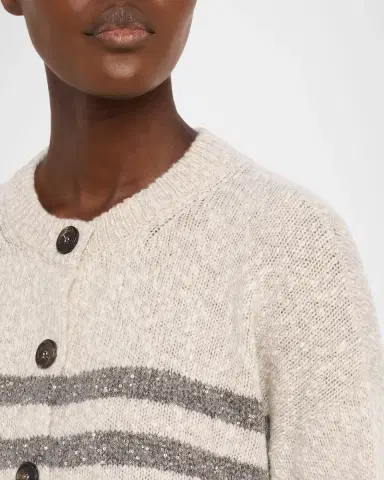 Brunello Cucinelli Striped Paillette Wool-Cashmere Crewneck Cardigan | Thumbnail 8 Brunello Cucinelli Striped Paillette Wool-Cashmere Crewneck Cardigan | Thumbnail 8