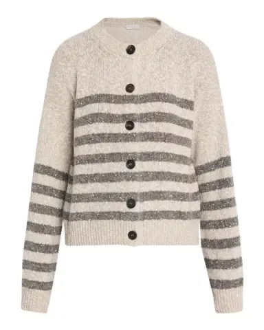 Brunello Cucinelli Striped Paillette Wool-Cashmere Crewneck Cardigan | Thumbnail 1 Brunello Cucinelli Striped Paillette Wool-Cashmere Crewneck Cardigan | Thumbnail 1