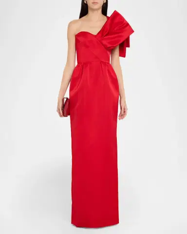 Atelier Prabal Gurung One-Shoulder Bow Satin Column Gown | Thumbnail 2 Atelier Prabal Gurung One-Shoulder Bow Satin Column Gown | Thumbnail 2